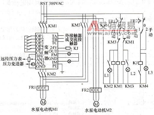 变频器一拖二台泵自动恒压供水电路图