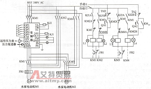 变频器一拖二台泵自动轮换式供水电路图