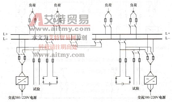 配有两组蓄电池和两套充电装置的单母线分段接线图