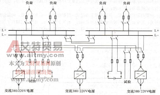 配有两组蓄电池和三套相同容量充电装置的单母线分段接线图