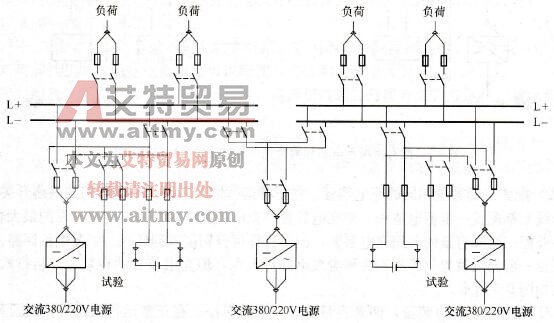 配有两组蓄电池和三套充电装置（容量两大一小）的单母线分段接线图