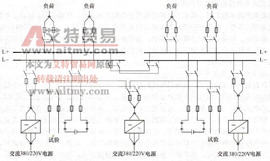 配有两组蓄电池和三套充电装置（容量两小一大）的单母线分段接线图