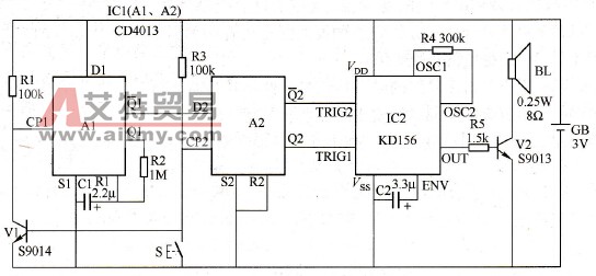 采用CD4013触发器数字电路的双音电子门铃电路