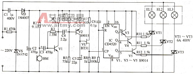 采用CD4520加法计数器的声控变色彩灯电路