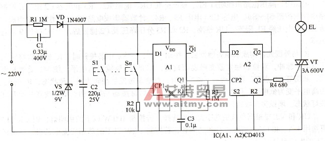 采用CD4013触发器的多地控制开关电路