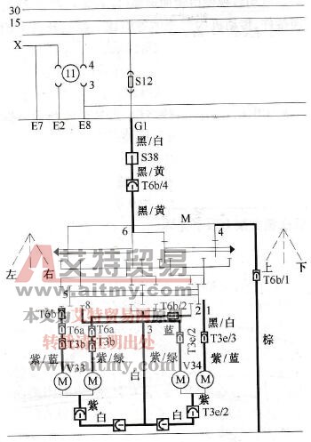 桑塔纳2000电动后视镜的控制电路和开关