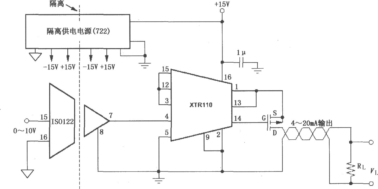 XTR110隔离式4～20mA变送器电路