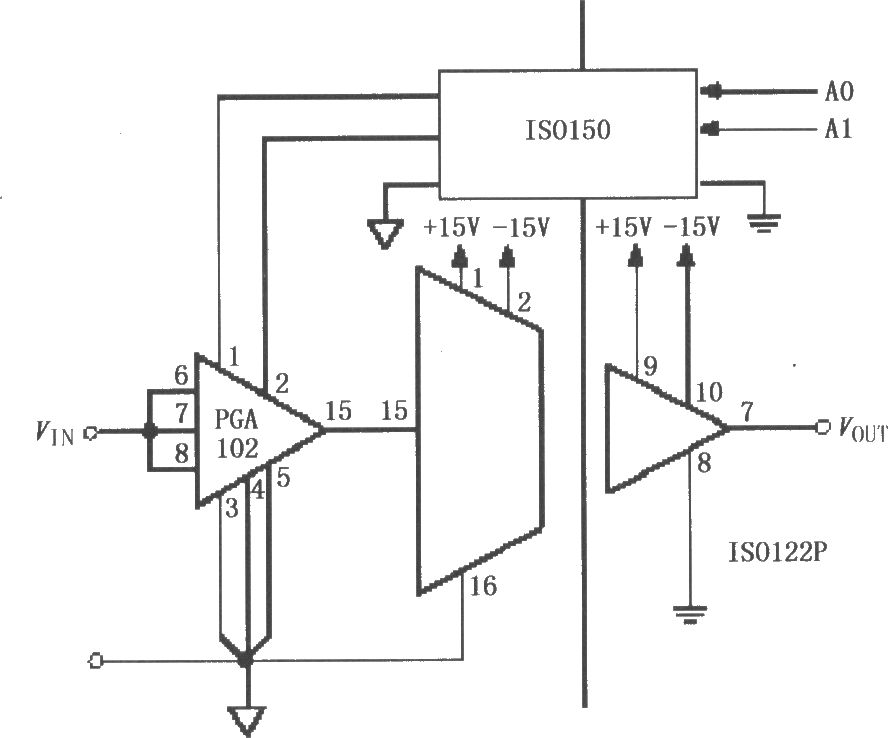 由ISO122／124与PGA102、ISO150构成的具有增益可编程