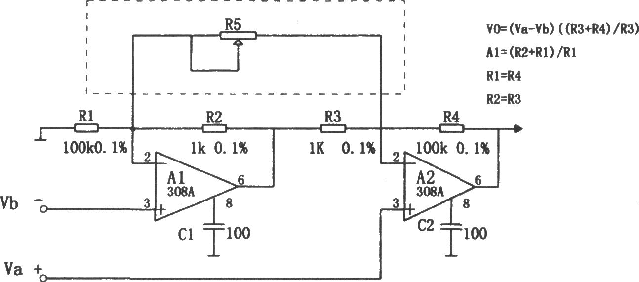 308集成运放构成的高输入阻抗仪用放大器