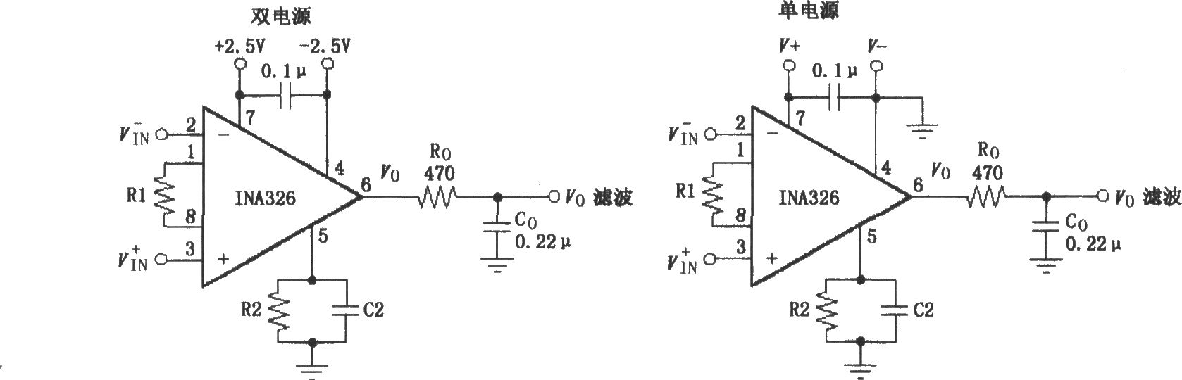 INA326／327的信号和电源的基本连接电路