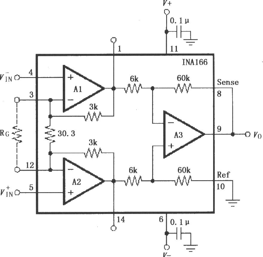 INA166的信号和电源的基本连接电路