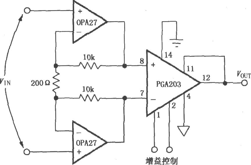 由PGA203与OPA27构成的低噪声差分放大器