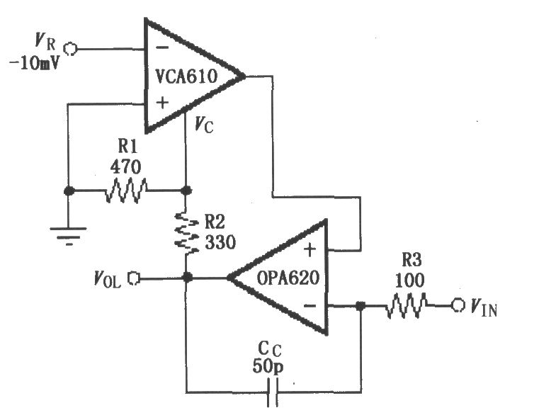 温度补偿对数响应的反馈放大电路(VCA610/OPA620)