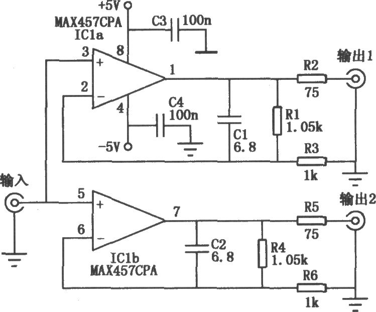 MAX457构成的双路视频放大电路
