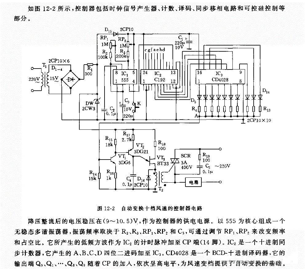 555自动变换十档风速的控制器电路