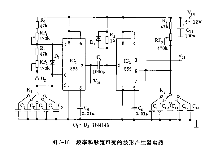 555频率和脉宽可变的波形产生器电路