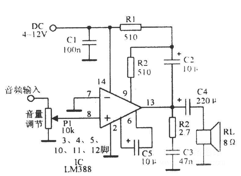 增益为200且负载接地的LM388