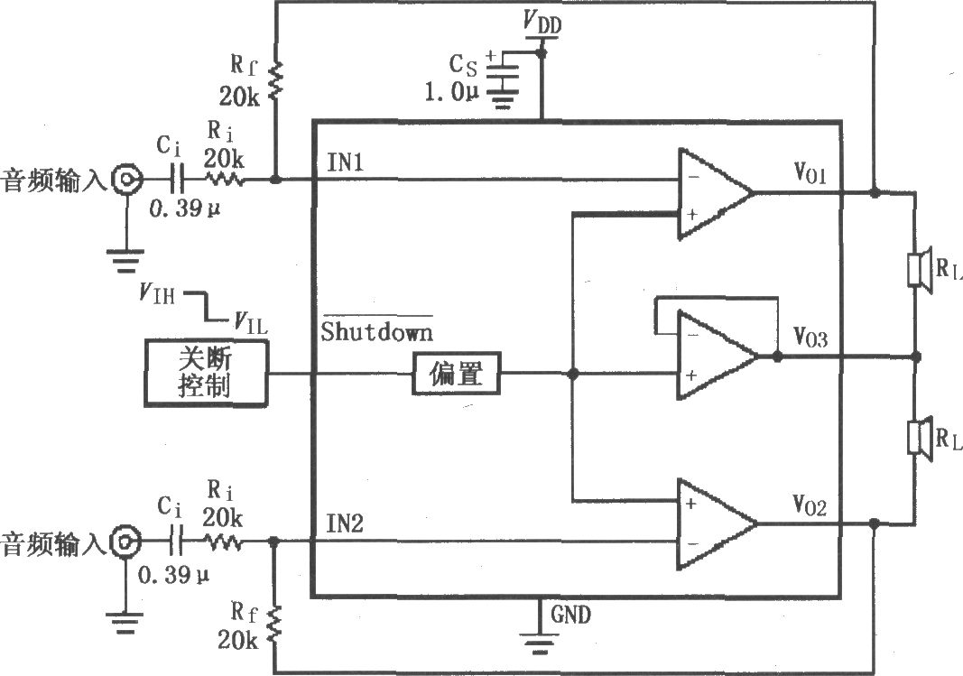 LM4910用于双声道放大器的典型电路