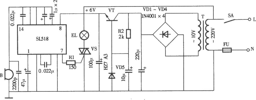 采用SL518声控照明灯电路