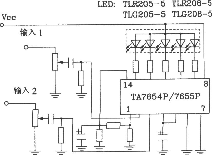 TA7654P／TA7655P构成5点一条LED显示驱动电路