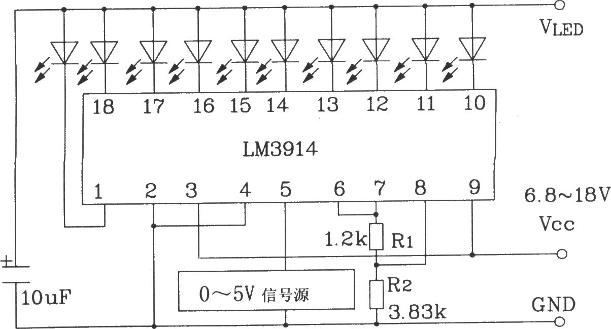 LM3914系列点/线图形LED显示驱动集成电路构成的0～5V线图指示器