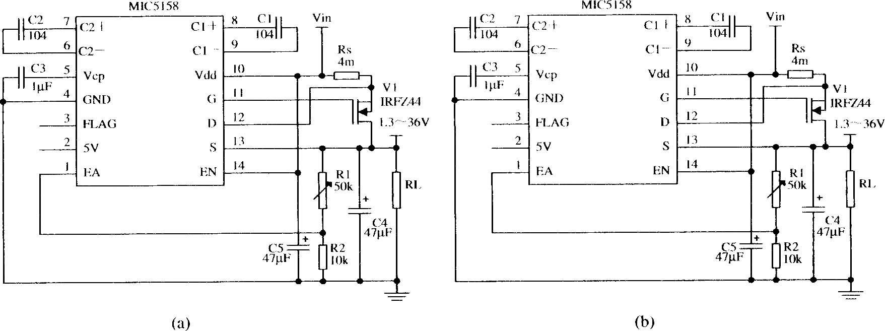 由MIC5158构成的输出电压可调的线性稳压器电路