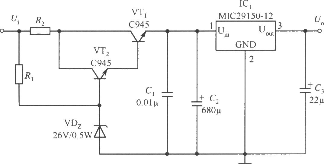 MIC29150-12构成的具有宽输入电压范围的