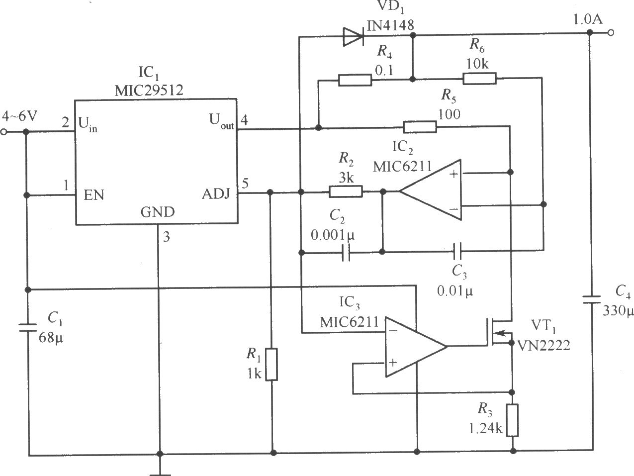 MIC29152构成的输出电流为1.0A的恒流源