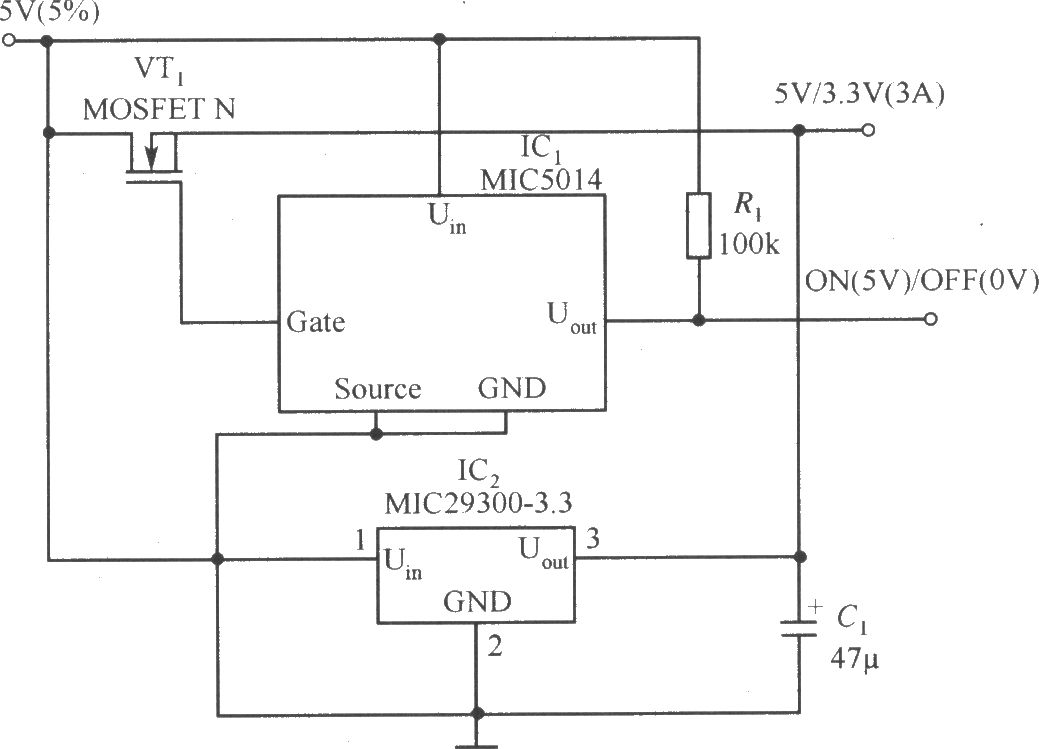 MIC29300-3.3和MIC5014构成的具有开关稳压器的效率和