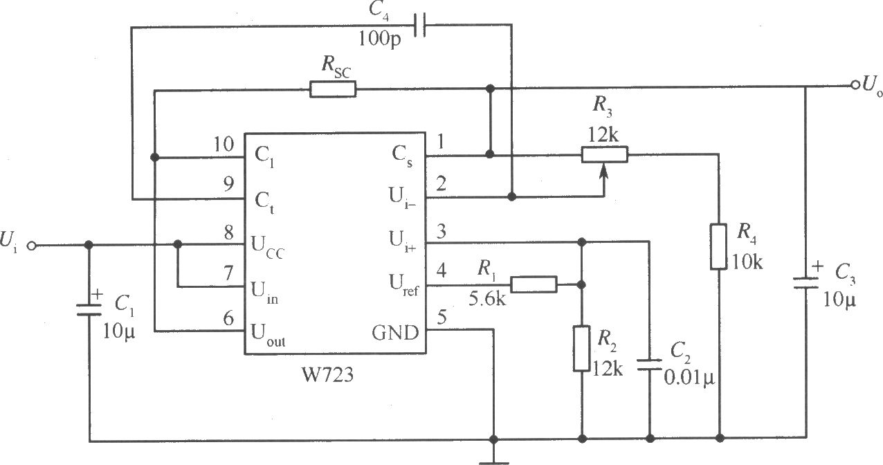 正固定输出电压W723集成稳压器的典型应用电路