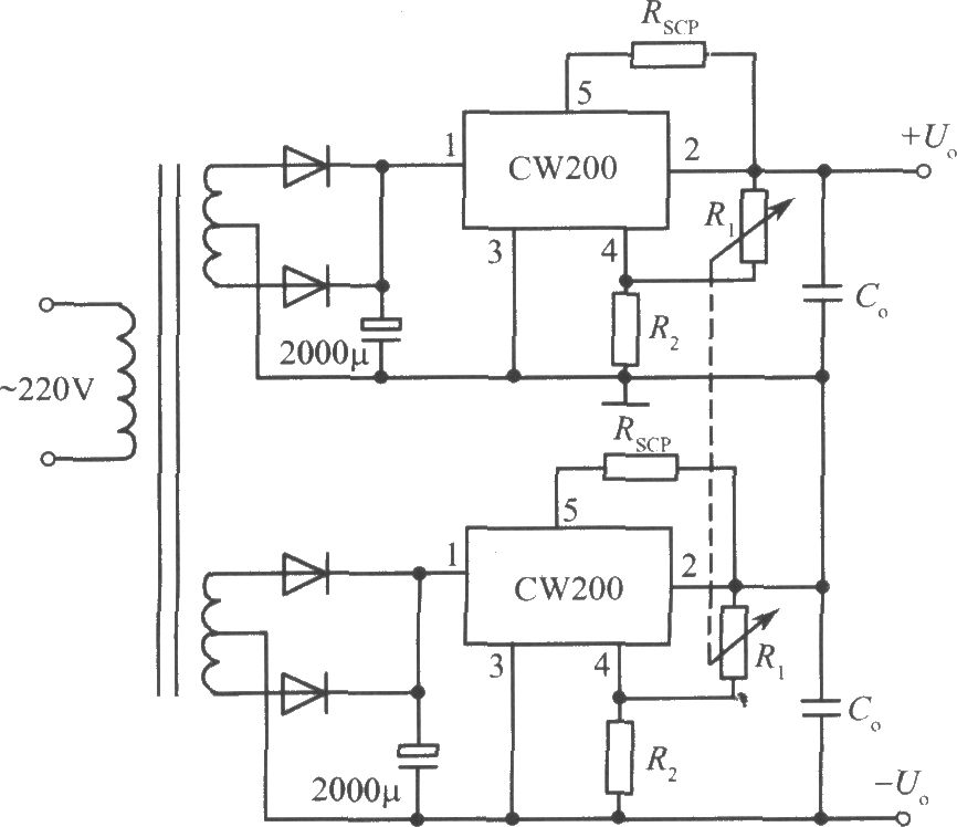 CW200构成的正、负输出电压集成稳压电源