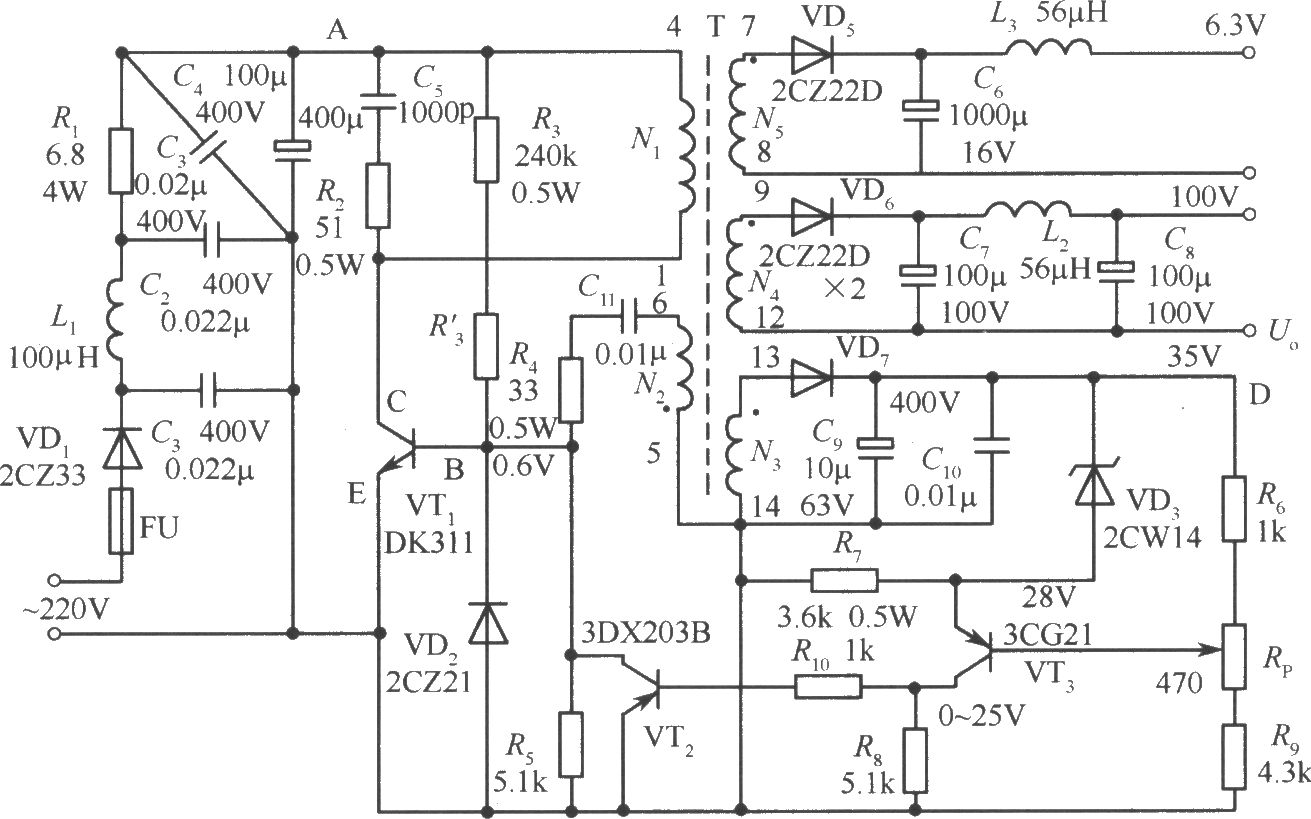 输出与取样绕组隔离的开关稳压电源(用光电耦合器隔离)