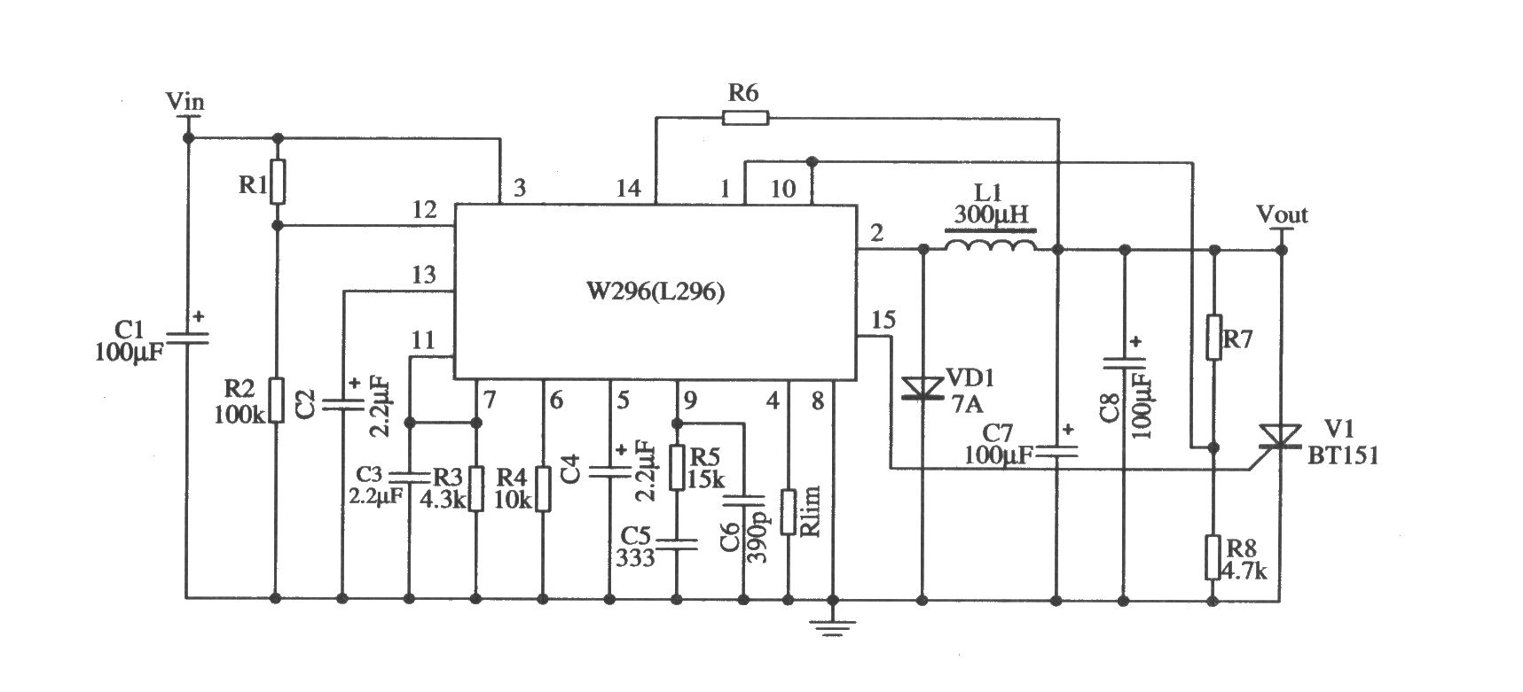 开关集成稳压器W296的典型应用电路