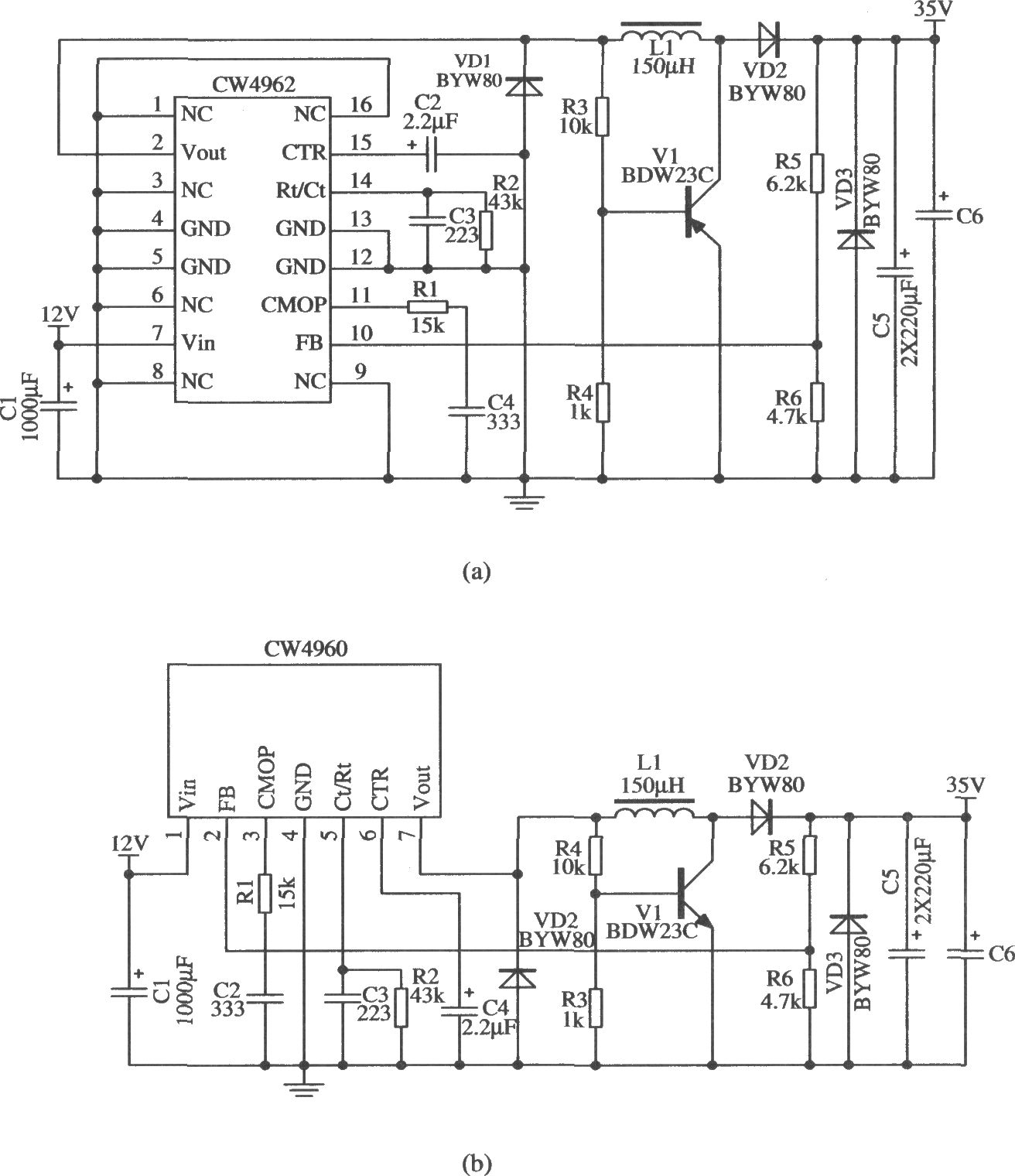 与外接元器件构成升压型应用电路(CW4962/CW4960)