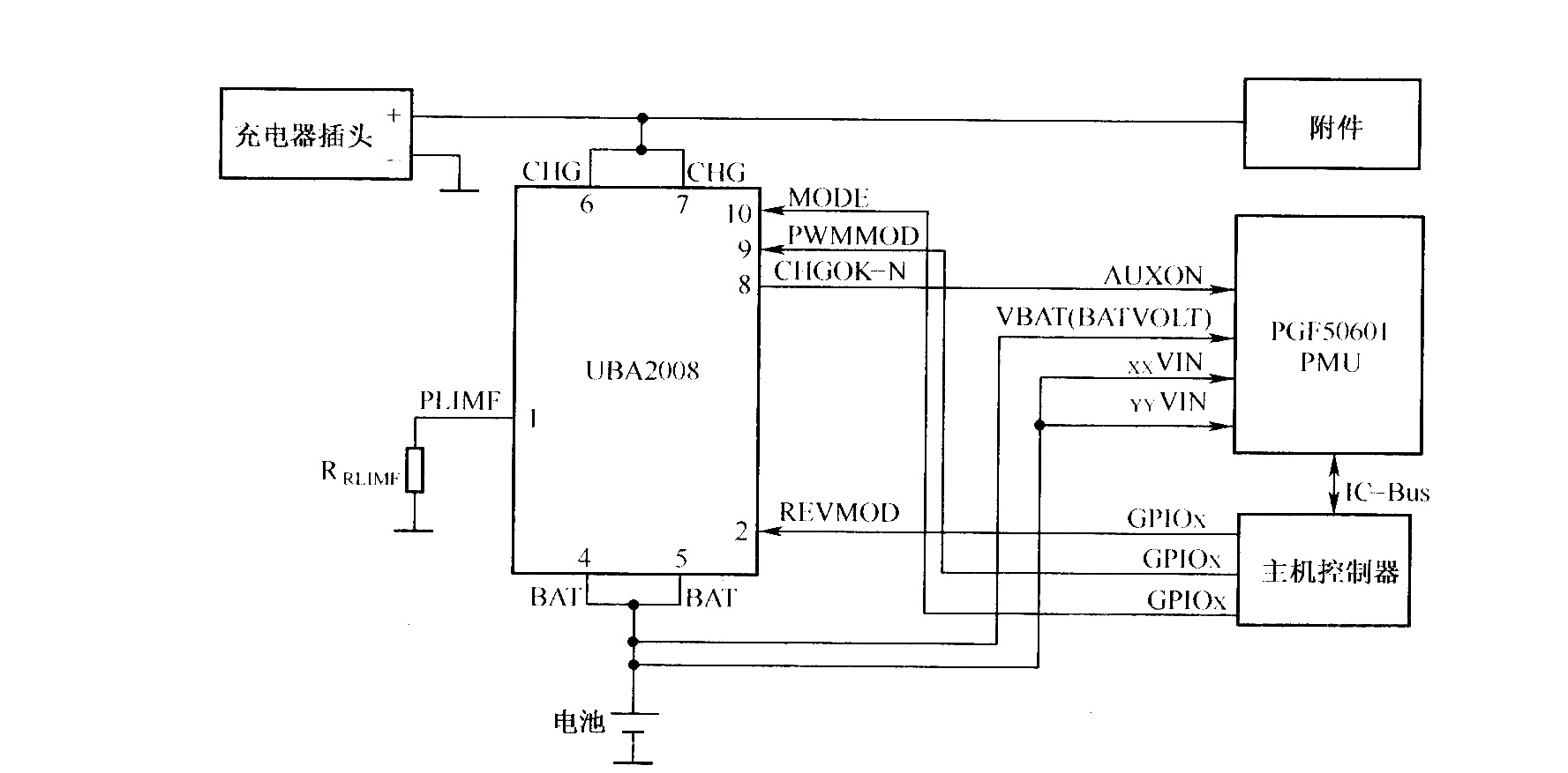 采用UBA2008充电开关芯片构成的充电电路