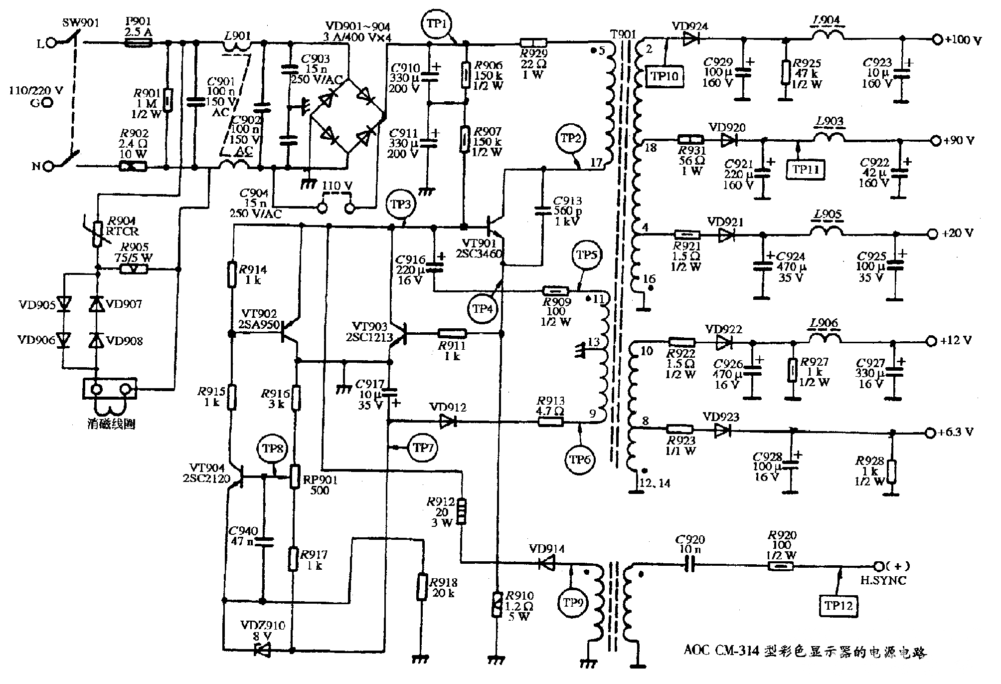 AOC CM-314型彩色显示器的电源电路图