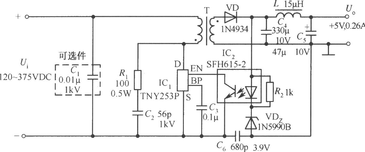 TNY253P构成的5V、0.26A彩电待机电源电路