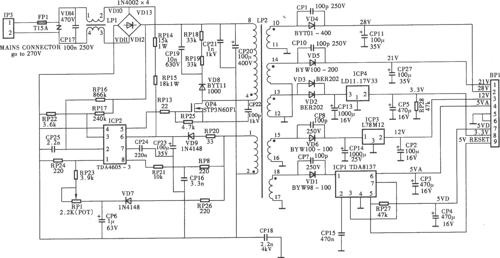 百胜P-3500型数字卫星电视接收机电源电路