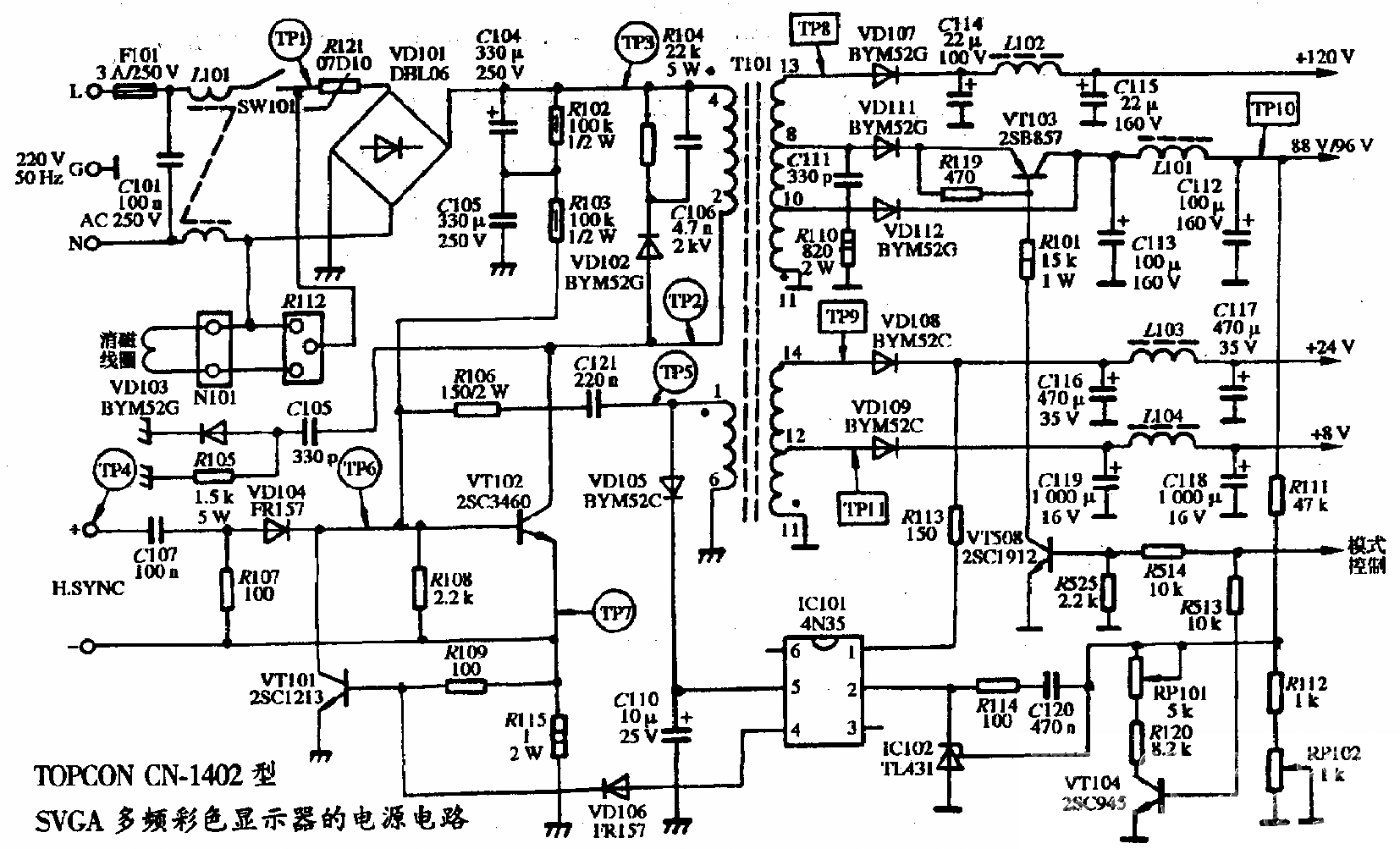 TOPCON CN-1402型SVGA彩色显示器的电源电路图