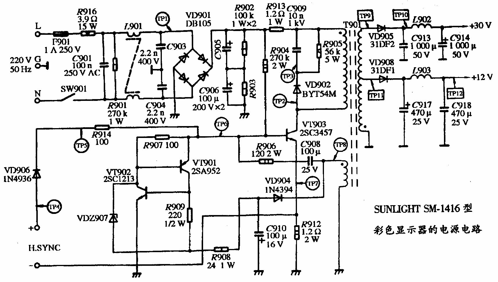 SUNLIHT SM-1416型彩色显示器的电源电路图