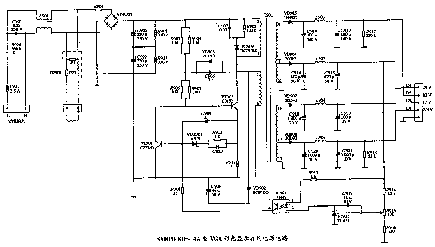 SAMPO KDS-14A型VGA彩色显示器的电源电路图