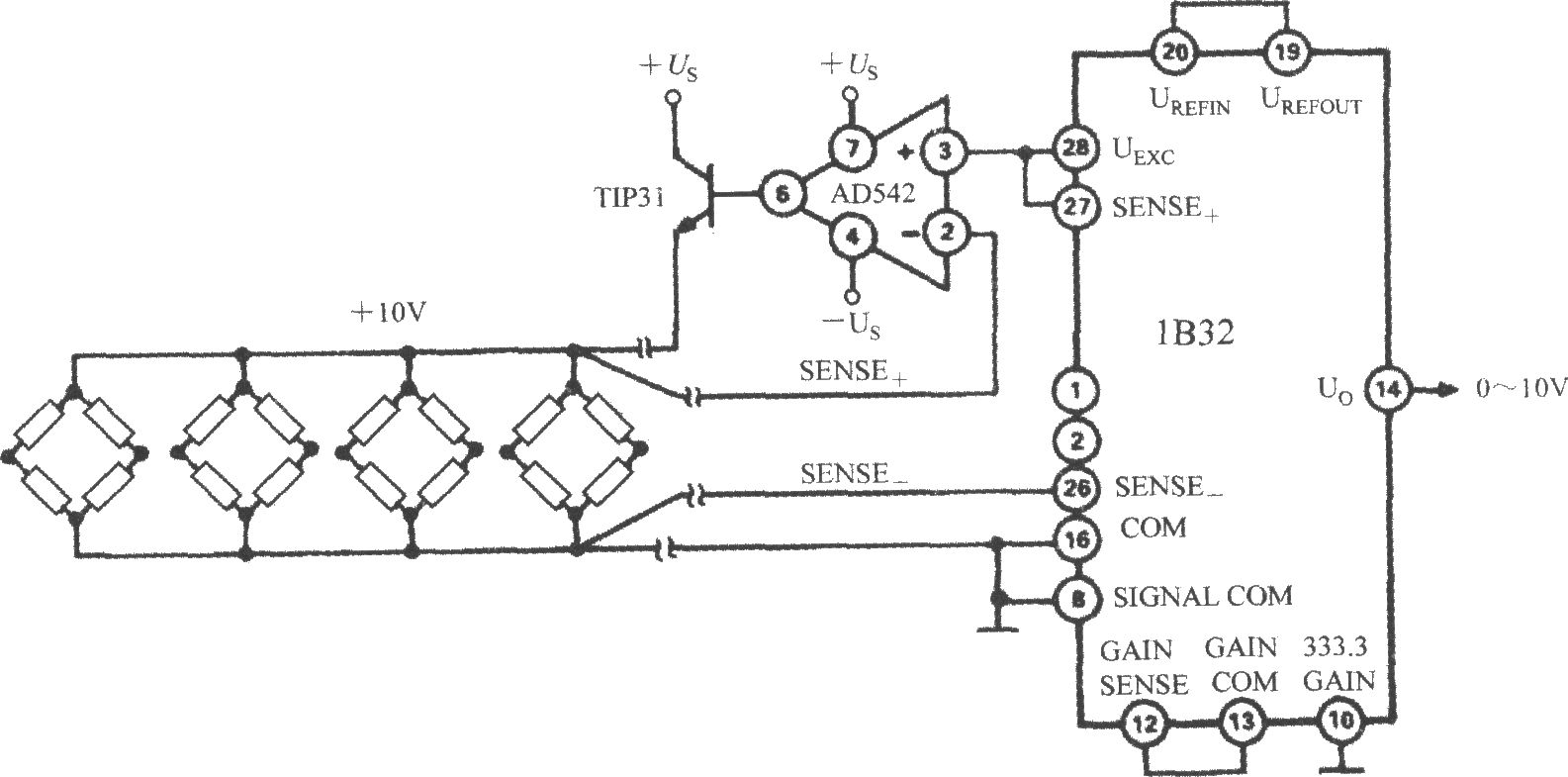 桥式传感器信号调理器1B32配多路压力传感器时的应用电路