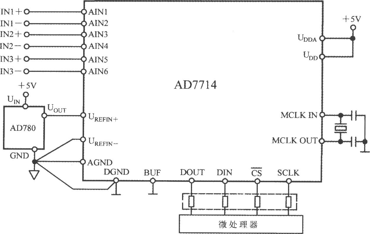 由5通道低功耗可编程传感器信号处理器AD7714和微处理器构成的隔