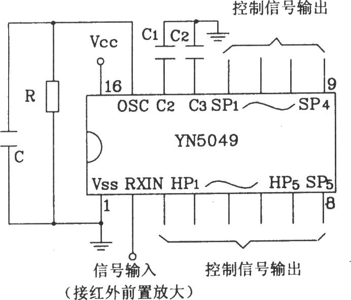 YN5049/5050红外遥控接收器典型应用电路