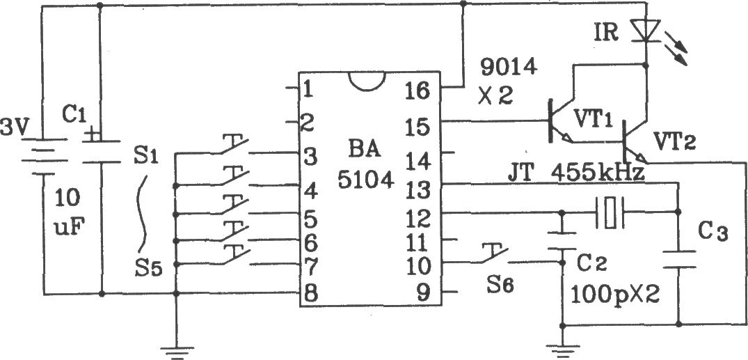 BA5104/5204红外遥控发射、接收集成应用电路图