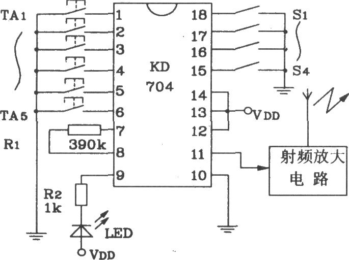 由KD704/KD705构成的射频遥控发射、接收电路图