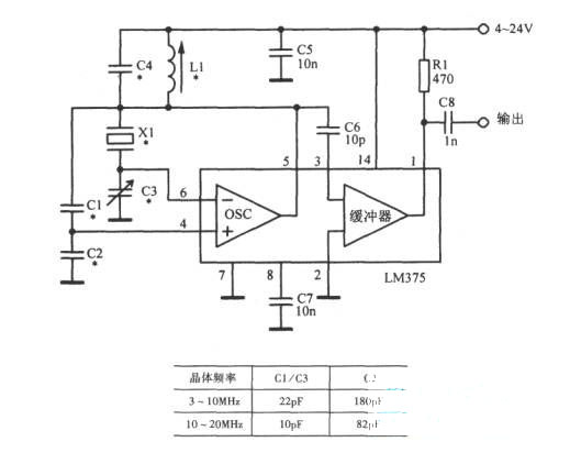 用双运放LM375构成射频晶体振荡器