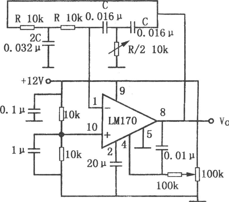 LM170构成的输出稳定的双T正弦波振荡器