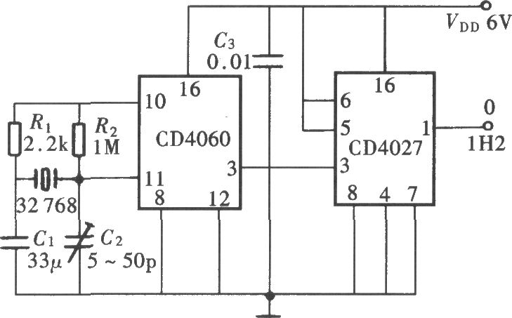 1Hz时钟信号源电路(CD4060、CD4027)