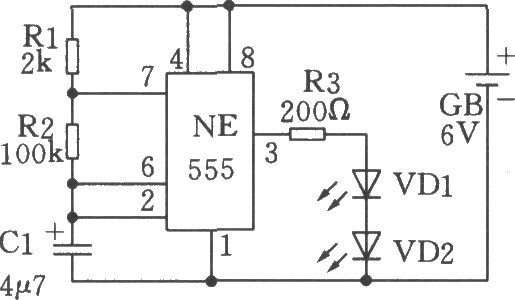 利用555时基电路制成的低频振荡(闪烁发光电路